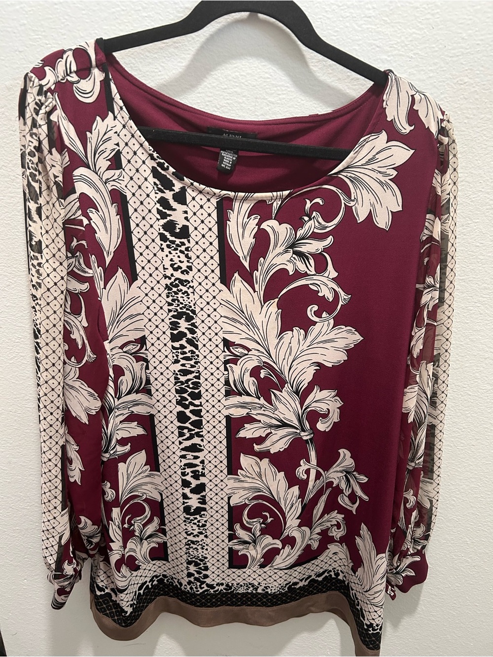 Womens Burgundy Floral Print Long Sleeve Blouse